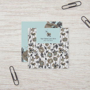 Poppies Modern Gray Blue Watercolor Floral Square Business Card