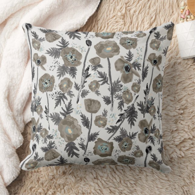 Poppies Modern Grey Blue Floral Pattern Throw Pillow (Blanket)