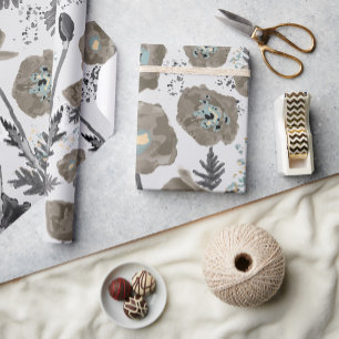 Poppies Modern Grey Watercolor Floral Pattern  Wrapping Paper