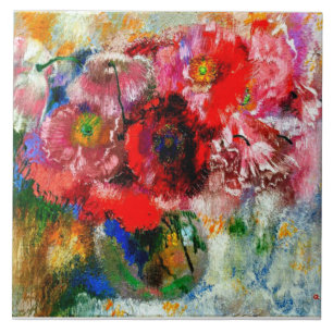 Poppies on Grey Background, Floral painting Tile