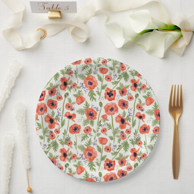 Poppies Orange Watercolor Floral Pattern Paper Plate (Wedding)
