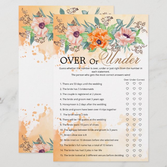 Poppies over or under bridal shower game (Front/Back)