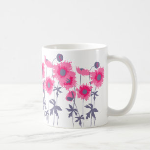 Poppies pink and grey graphic art floral mug