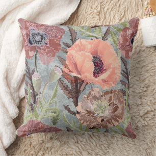 Poppies pink floral vintage grey background stylis throw pillow