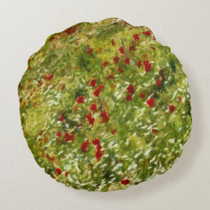 Poppies Pointillism Style Abstract Art Round Pillow