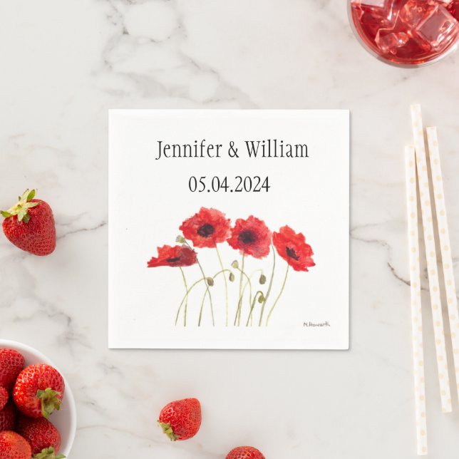 Poppies Poppy flower watercolor Red Rustic Wedding Napkin (Insitu)