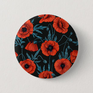 Poppies, red and blue on black 2 inch round button