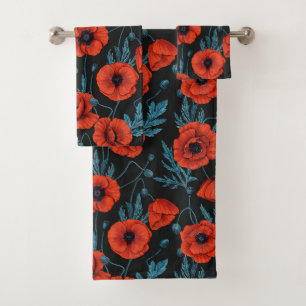 Poppies, red and blue on black bath towel set