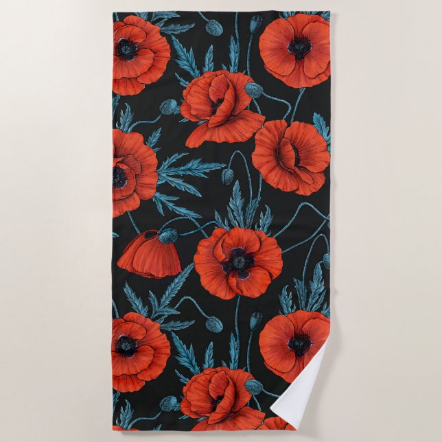 Poppies, red and blue on black beach towel (Front)