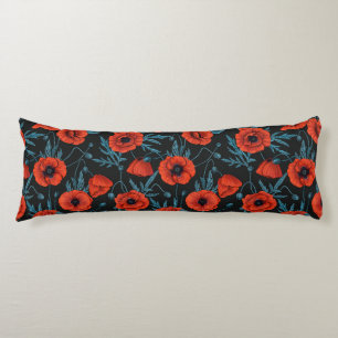 Poppies, red and blue on black body pillow