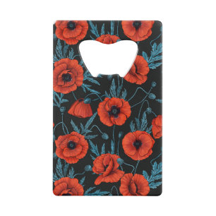 Poppies, red and blue on black credit card bottle opener