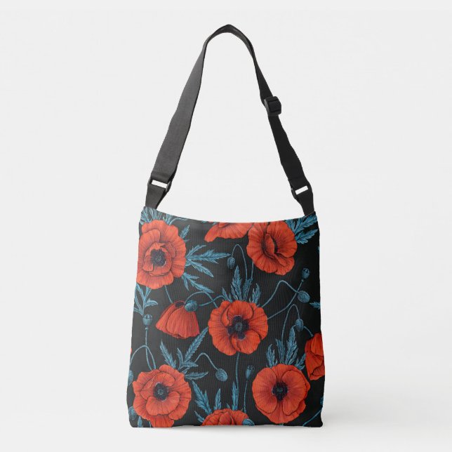 Poppies, red and blue on black crossbody bag (Front)