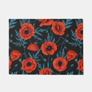 Poppies, red and blue on black doormat