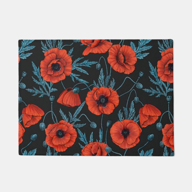 Poppies, red and blue on black doormat (Front)