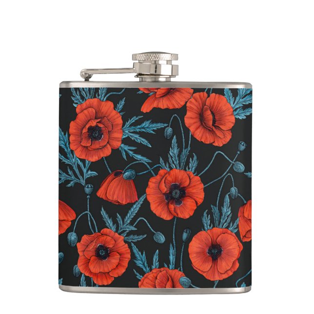 Poppies, red and blue on black hip flask (Front)