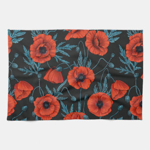 Poppies, red and blue on black kitchen towel