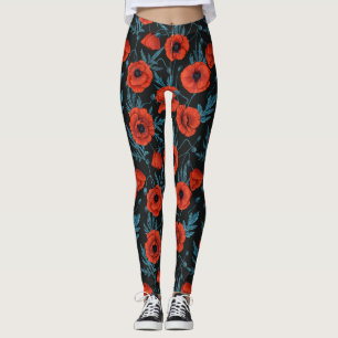Poppies, red and blue on black leggings