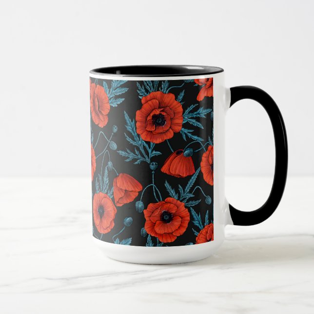 Poppies, red and blue on black mug (Right)