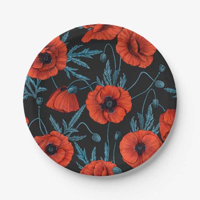Poppies, red and blue on black paper plate (Front)