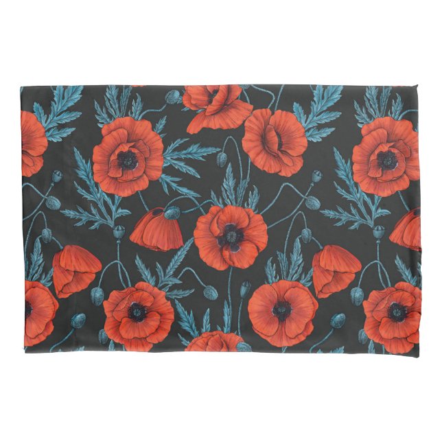 Poppies, red and blue on black pillowcase (Front-Left)