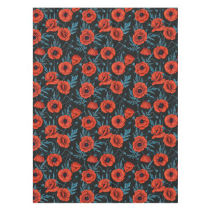 Poppies, red and blue on black tablecloth