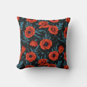 Poppies, red and blue on black throw pillow