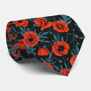 Poppies, red and blue on black tie