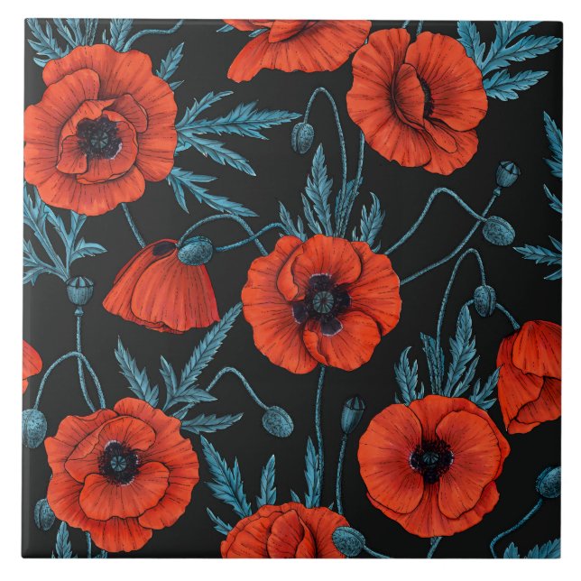 Poppies, red and blue on black tile (Front)