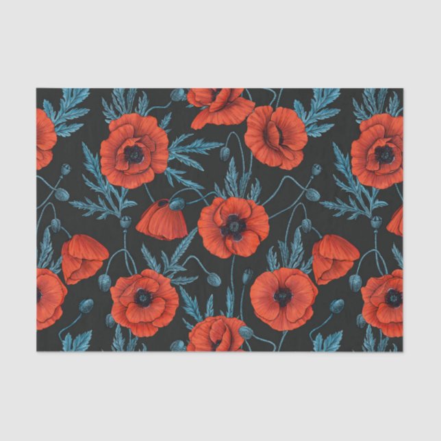 Poppies, red and blue on black tissue paper (Front)
