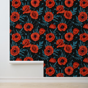 Poppies, red and blue on black wallpaper