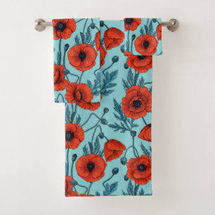 Poppies, red and blue on pool blue bath towel set