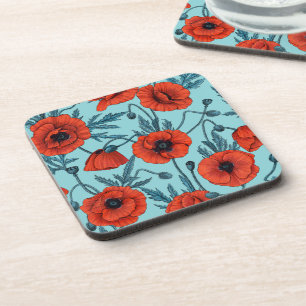 Poppies, red and blue on pool blue coaster