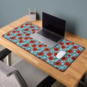 Poppies, red and blue on pool blue desk mat