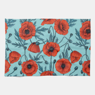 Poppies, red and blue on pool blue kitchen towel
