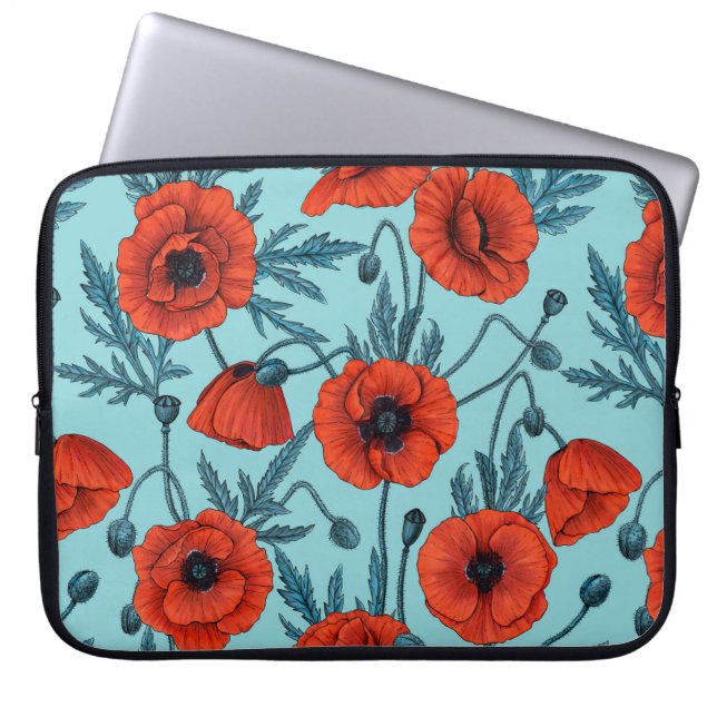 Poppies, red and blue on pool blue laptop sleeve (Front)