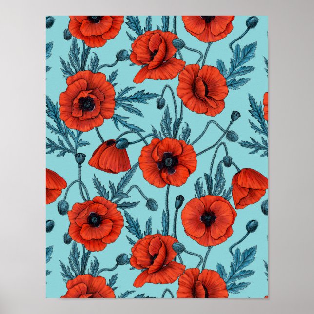 Poppies, red and blue on pool blue poster (Front)