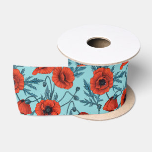 Poppies, red and blue on pool blue satin ribbon