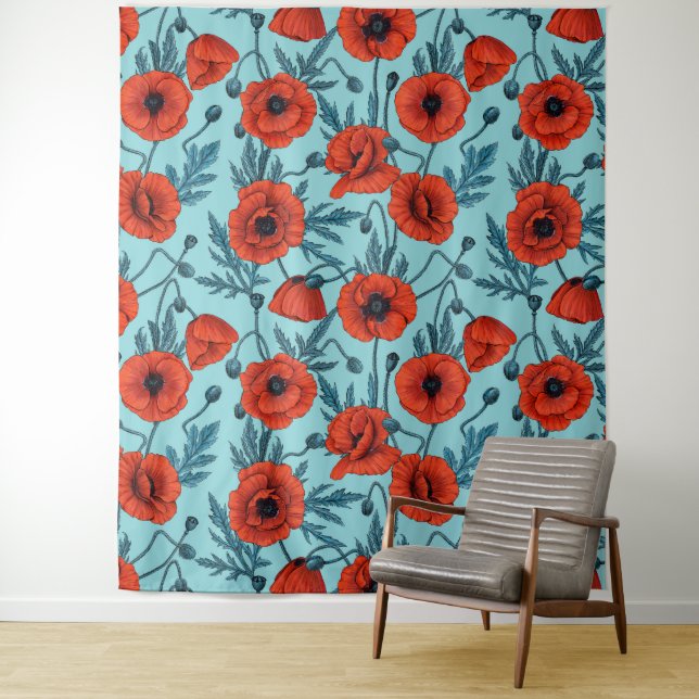 Poppies, red and blue on pool blue tapestry (In Situ)