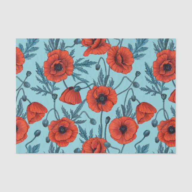 Poppies, red and blue on pool blue tissue paper (Front)