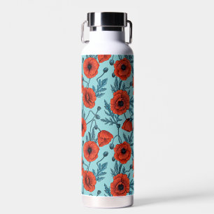 Poppies, red and blue on pool blue water bottle