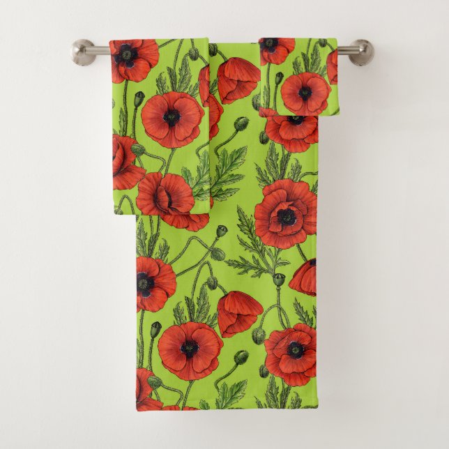 Poppies, red and green on lime green bath towel set (Insitu)