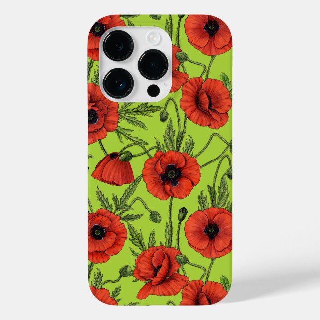 Poppies, red and green on lime green Case-Mate iPhone case (Back)