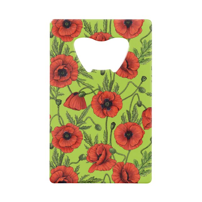 Poppies, red and green on lime green credit card bottle opener (Front)