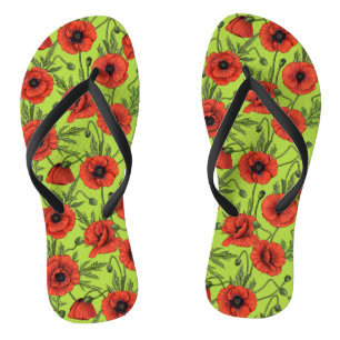 Poppies, red and green on lime green flip flops