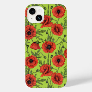 Poppies, red and green on lime green iPhone 14 plus case