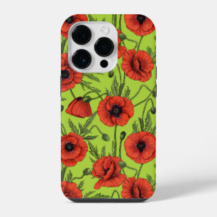 Poppies, red and green on lime green iPhone 14 pro case