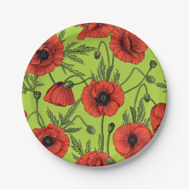 Poppies, red and green on lime green paper plate (Front)
