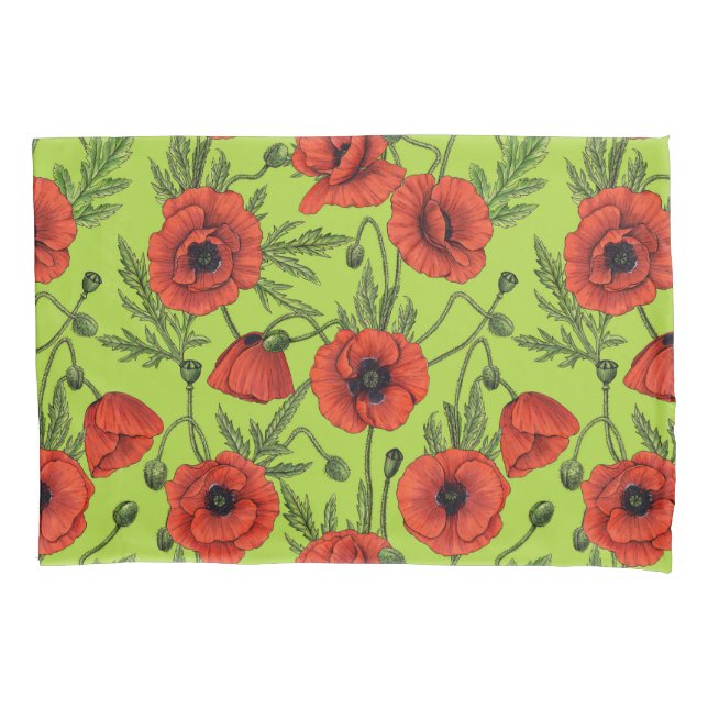 Poppies, red and green on lime green pillowcase (Front-Left)