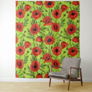 Poppies, red and green on lime green tapestry