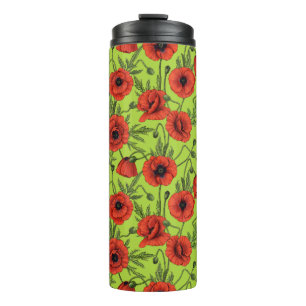 Poppies, red and green on lime green thermal tumbler